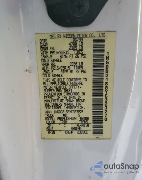 2000 Nissan Frontier Xe из США, поврежденный, VIN 1N6DD21S8YC323270